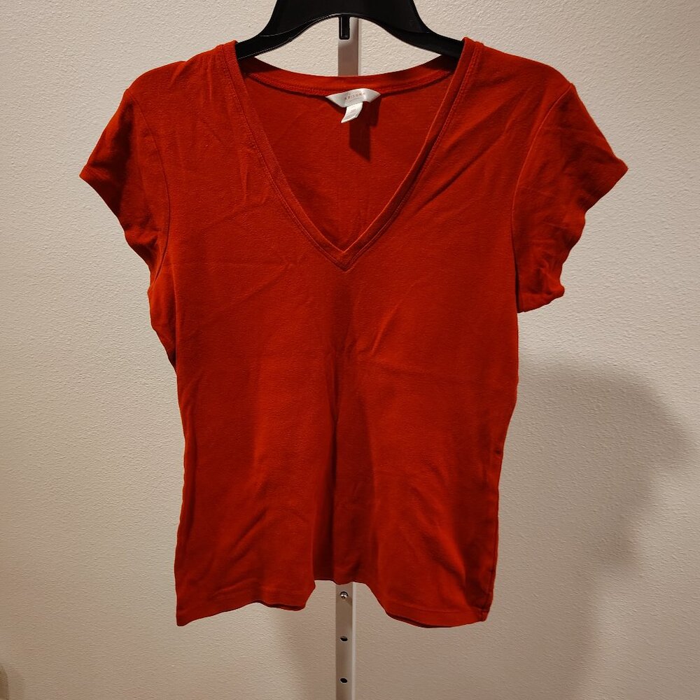 Arizona Jean Company Red V-Neck Cotton Shirt Junior's Size XL Short Sleeve